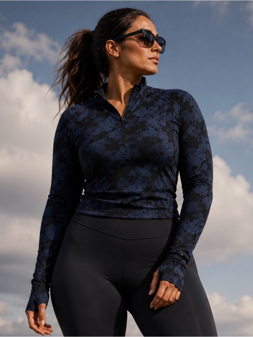 LULULEMON Its Rulu Run Cropped Half-Zip Heritage Speckle Camo Navy Blue  Sz 12